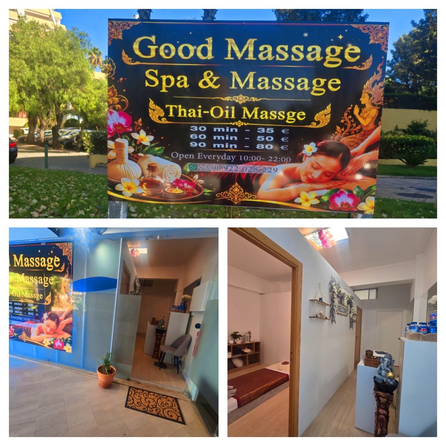 Placa exterior, entrada e interior da Good Massage